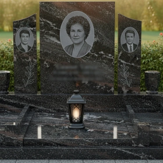 Элитный гранитный памятник на троих в Нижневартовске, гранит амфиболит