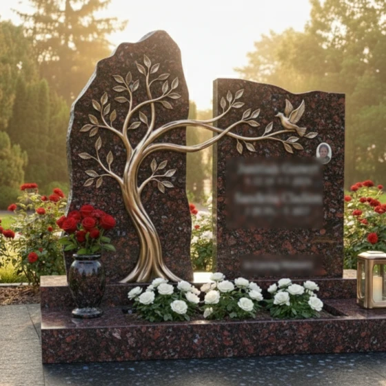 Гранитный памятник с бронзовым древом и голубем, гранит Лезниковский