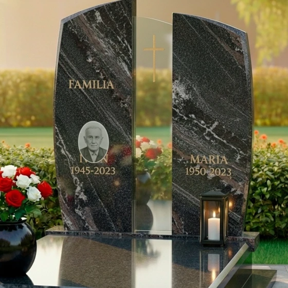 Элитный католический памятник из гранита и стекла в Барнауле, гранит амфиболит