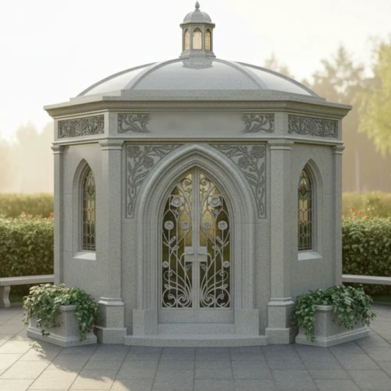 Гранитный мемориал — мавзолей с аркой и готическими узорами, гранит Мансуровский, в Якутске