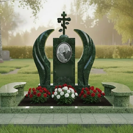 Памятник с православным крестом и розами, гранит Балтик грин, в Якутске