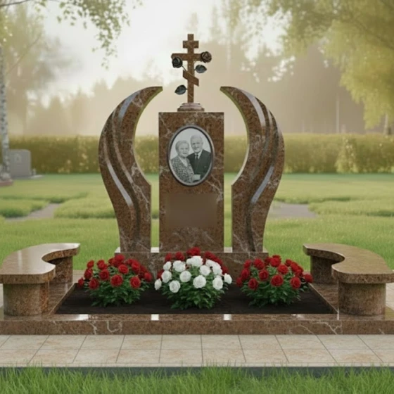 Памятник с православным крестом и розами, гранит Дымовский, в Якутске