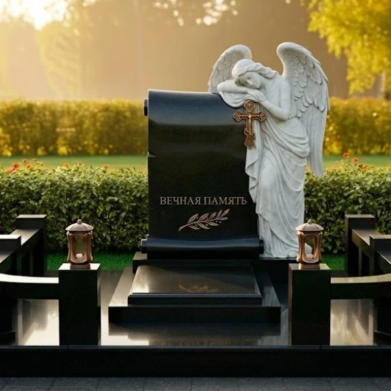 Памятник с барельефом скорбящего ангела, гранит Габбро-диабаз