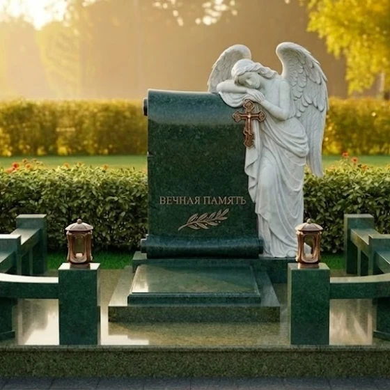 Памятник с барельефом скорбящего ангела, гранит Балтик грин