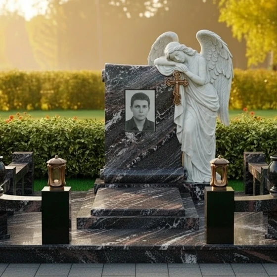 Памятник с барельефом скорбящего ангела, гранит амфиболит
