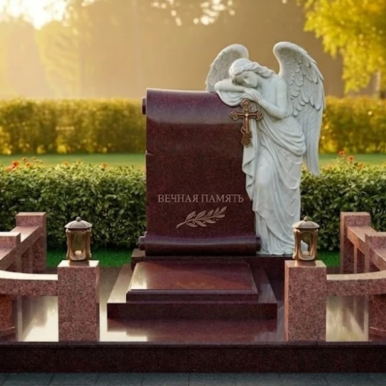 Памятник с барельефом скорбящего ангела, гранит Лезниковский