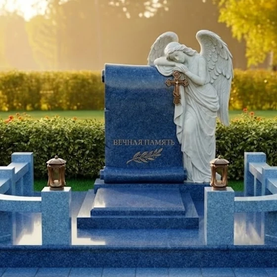 Памятник с барельефом скорбящего ангела, гранит Блю Перл