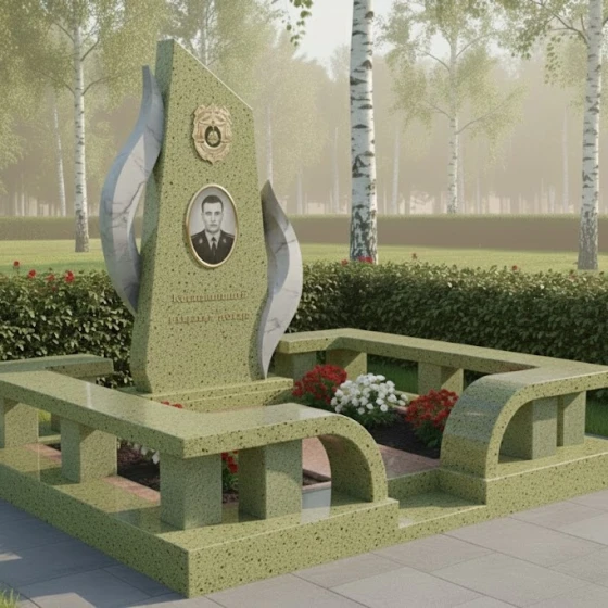 Мемориальная композиция с обелиском и пламенем, гранит Балтик грин