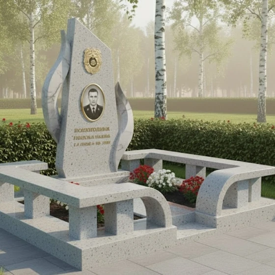 Мемориальная композиция с обелиском и пламенем, гранит Мансуровский
