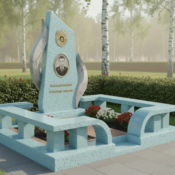 Мемориальная композиция с обелиском и пламенем, гранит Блю Перл