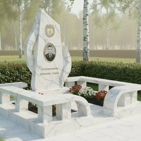 Мемориальная композиция с обелиском и пламенем, мрамор Тассос