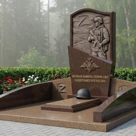 Гранитный памятник воину СВО с барельефом, гранит Дымовский, в Якутске