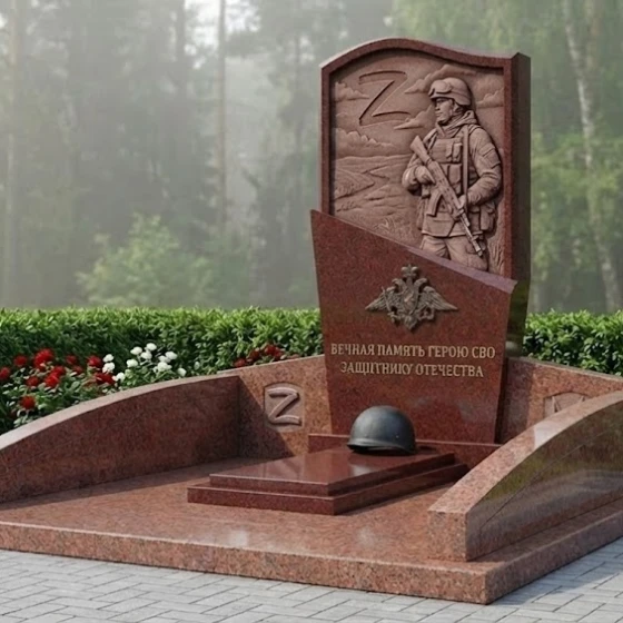 Гранитный памятник воину СВО с барельефом, гранит Лезниковский, в Якутске