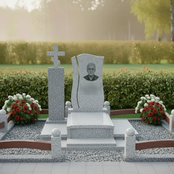 Элитный гранитный и стеклянный памятник с крестом в Барнауле, гранит Мансуровский