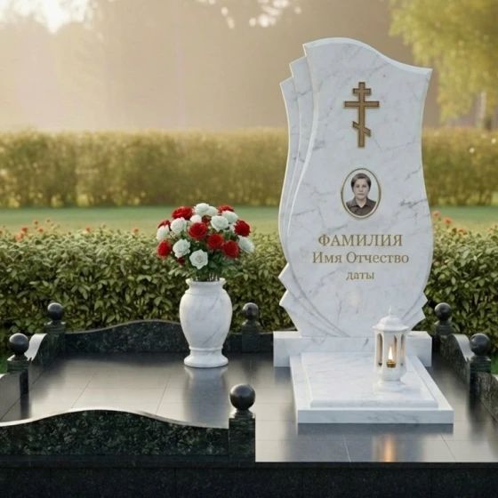 Гранитный мемориальный комплекс с крестом вертикальный во Владивостоке, мрамор Тассос