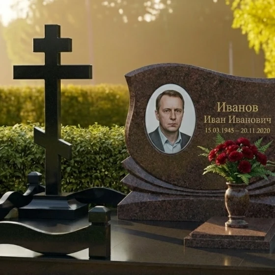 Памятник с драпировкой, букетом роз и крестом, гранит Дымовский