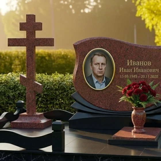 Памятник с драпировкой, букетом роз и крестом, гранит Лезниковский
