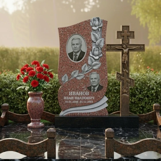 Православный гранитный памятник с крестом для комплекса в Рязани, гранит Лезниковский