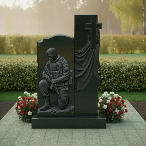 Элитный православный вертикальный гранитный памятник с крестом в Тюмени, гранит Балтик грин
