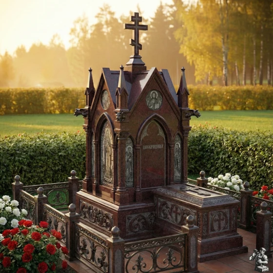 Элитный гранитный памятник-часовня для склепа, гранит Лезниковский