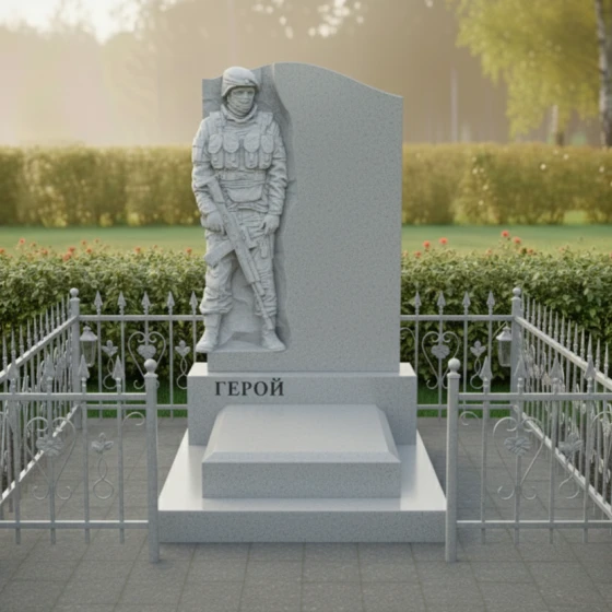 Памятник с барельефом воина и волной из гранита, гранит Мансуровский