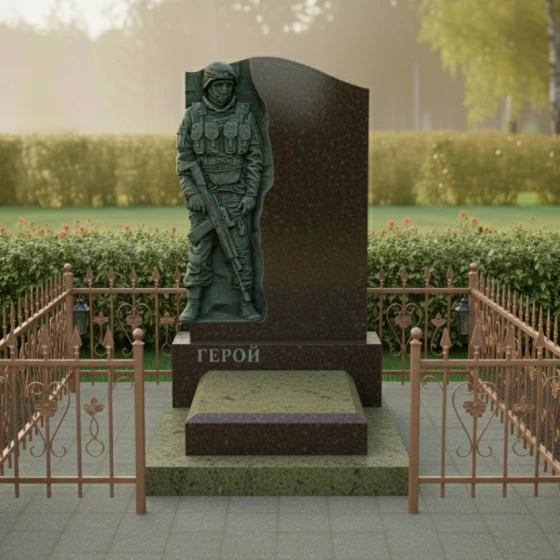 Памятник с барельефом воина и волной из гранита, гранит Дымовский