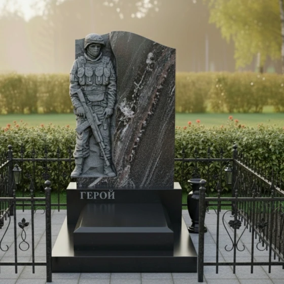 Памятник с барельефом воина и волной из гранита, гранит амфиболит