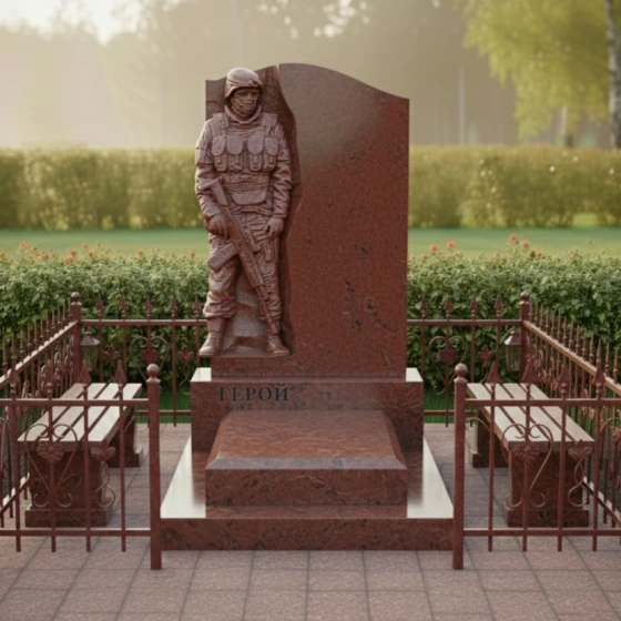 Памятник с барельефом воина и волной из гранита, гранит Лезниковский