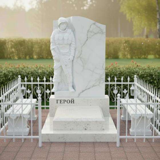 Памятник с барельефом воина и волной из гранита, мрамор Тассос
