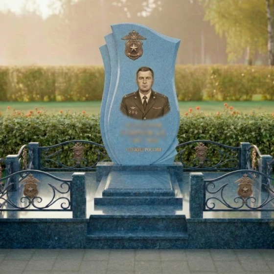 Вертикальный гранитный светский памятник с комплексом в Барнауле, гранит Блю Перл