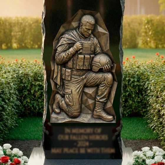 Гранитный памятник-глыба с барельефом воина, гранит Габбро-диабаз