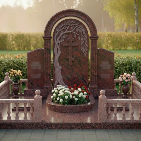 Гранитный православный памятник на троих в Омске, гранит Лезниковский