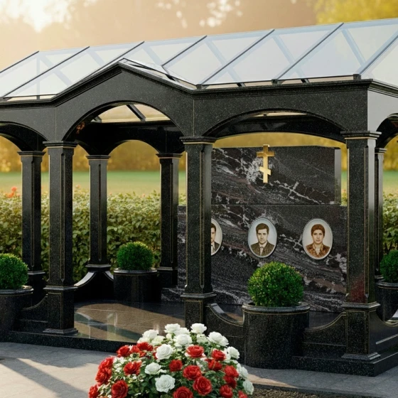 Семейный пантеон со стеклянной крышей, гранит амфиболит