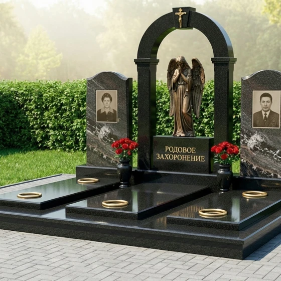Семейный мемориал с аркой и ангелом, гранит амфиболит, в Москве