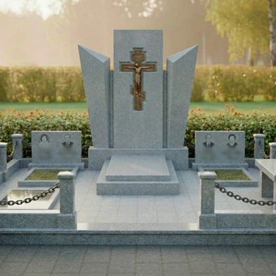 Мемориальный комплекс с рельефным крестом и цепями, гранит Мансуровский