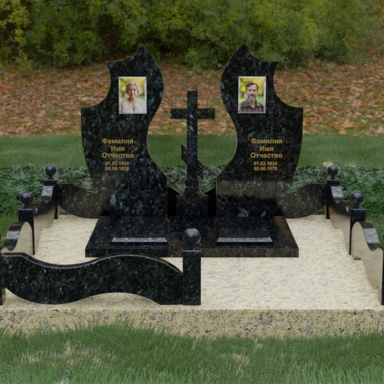 Православный комбинированный вертикальный памятник для двоих во Владивостоке, гранит Блю Перл