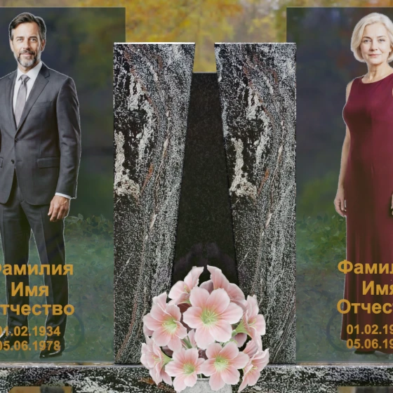 Комбинированный памятник со стеклянными панелями и гранитным пилоном, гранит амфиболит, в Якутске