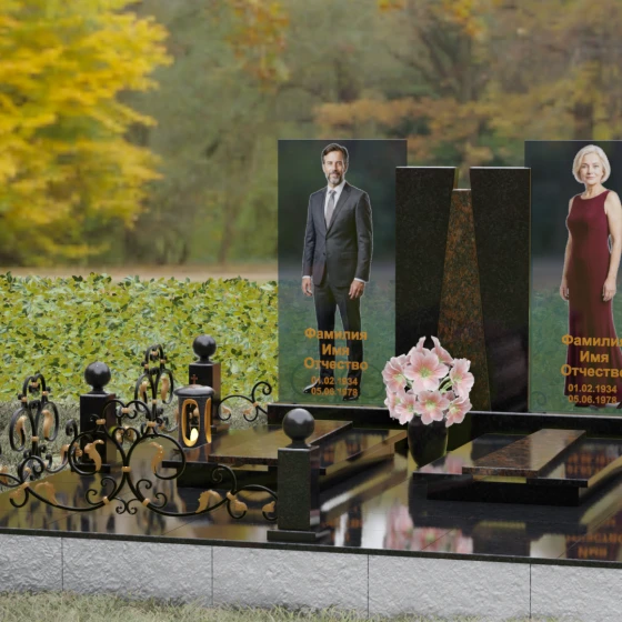 Комбинированный памятник со стеклянными панелями и гранитным пилоном, гранит Габбро-диабаз, вид 4, в Якутске
