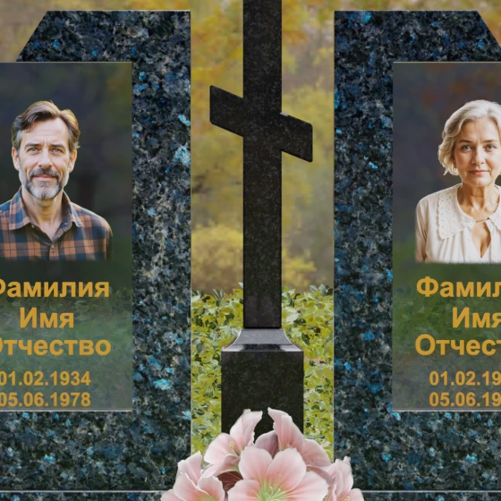 Православный памятник со стеклом для двоих в Барнауле, гранит Блю Перл