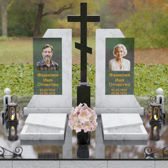 Православный памятник со стеклом для двоих в Барнауле, мрамор Тассос, вид 2