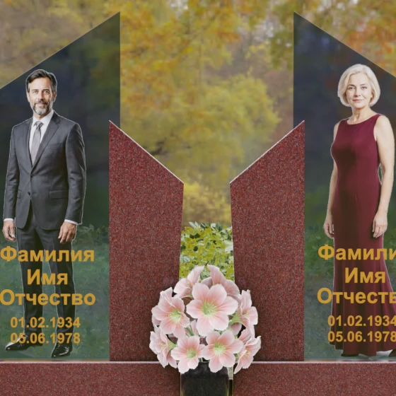 Комбинированный горизонтальный памятник на двоих в Салехарде, гранит Лезниковский