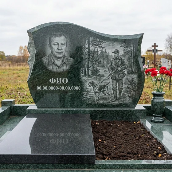 Гранитный памятник охотнику в форме скалы с охотничьим рогом