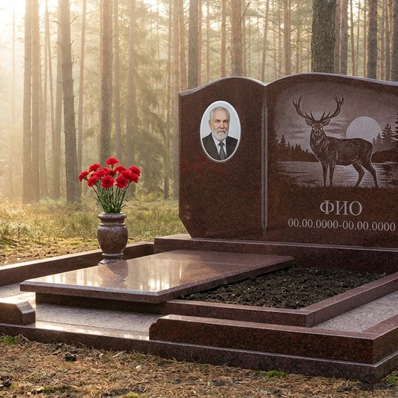 Гранитный памятник охотнику в виде раскрытой книги с двустволкой