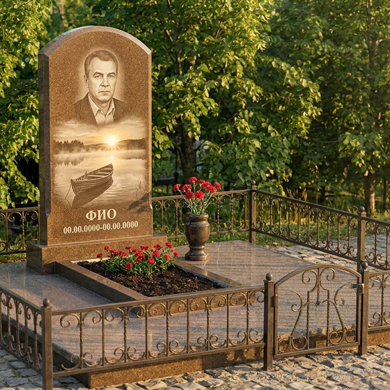 Гранитный памятник рыбаку арочной формы со спиннингом