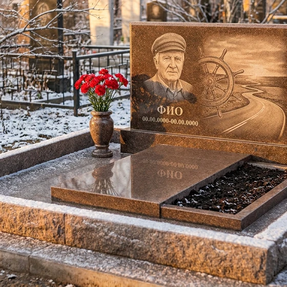 Гранитный памятник дальнобойщику с фурой на закате