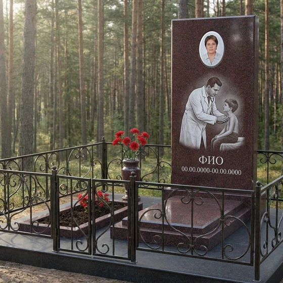 Гранитный памятник врачу с аркой с чашей и змеёй