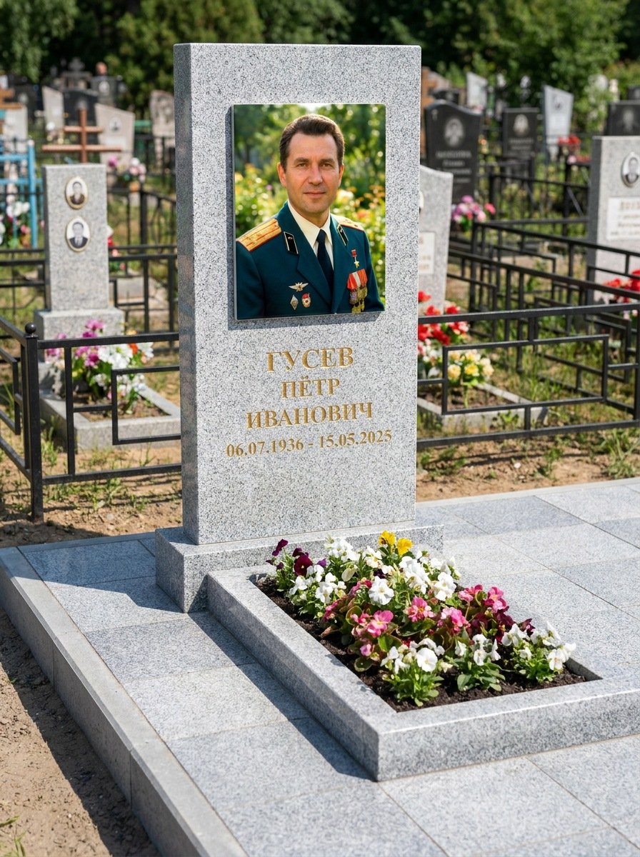 Портрет на памятнике в Ижевске — Прямоугольник на гранитной стеле, ФИО и даты на портрете